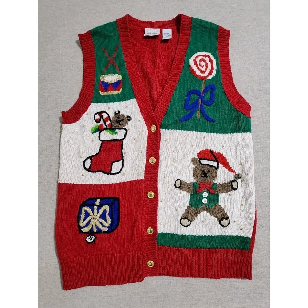 Vtg Laura Gayle Knit Teacher Christmas Teddy Sock Red Button Ugly Sweater Vest M